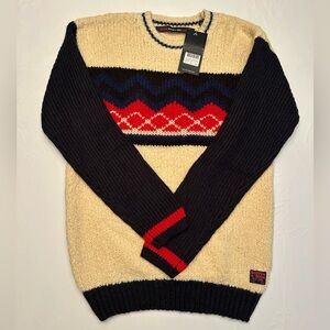 Scotch & Soda Cream and Black Crewneck Sweater with Red and Blue Pattern